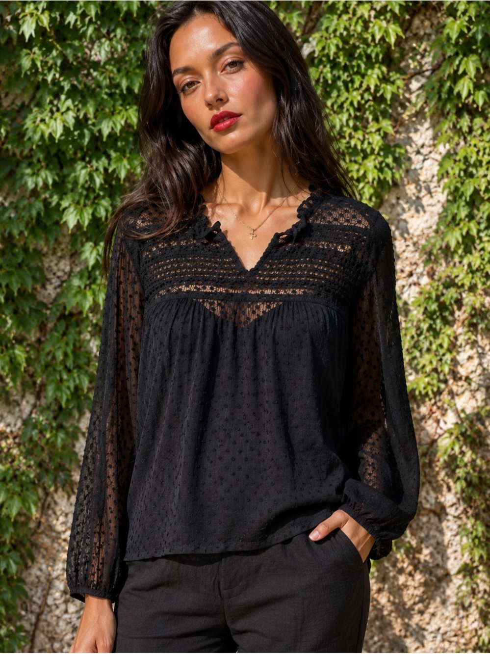 Jacqueline de yong sz 36 Sheer boho ruffle peasant Dotted resort vacation blouse